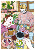 Lámina Chicas desayuno pensativa y taza de café