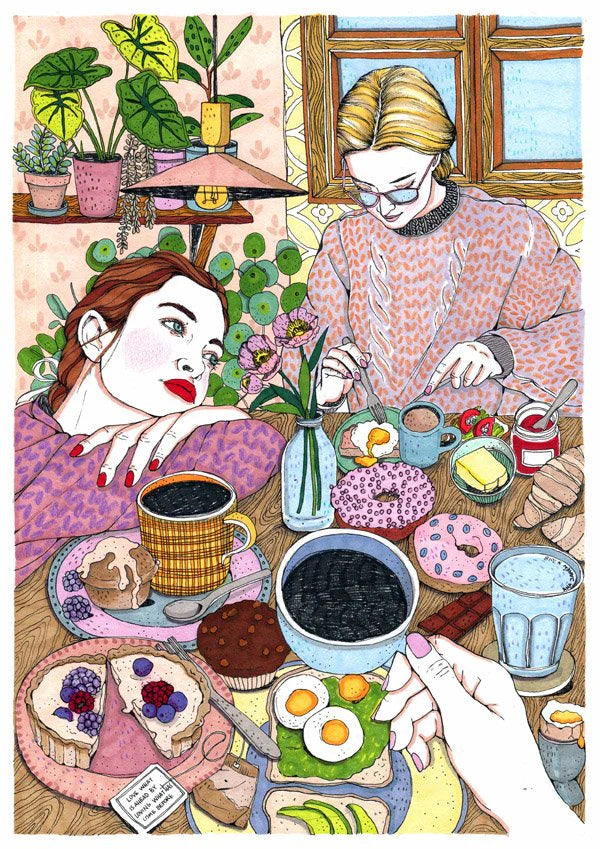 Lámina Chicas desayuno pensativa y taza de café