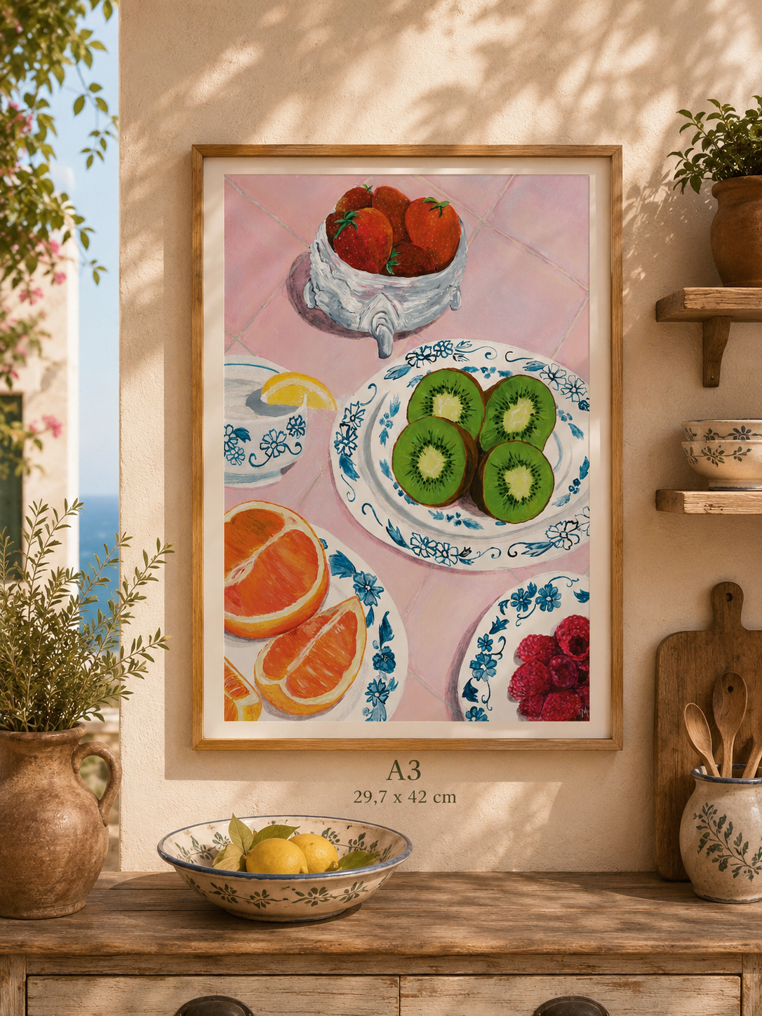 Lámina Picnic con frutas: kiwi, naranja, fresas, frambuesas