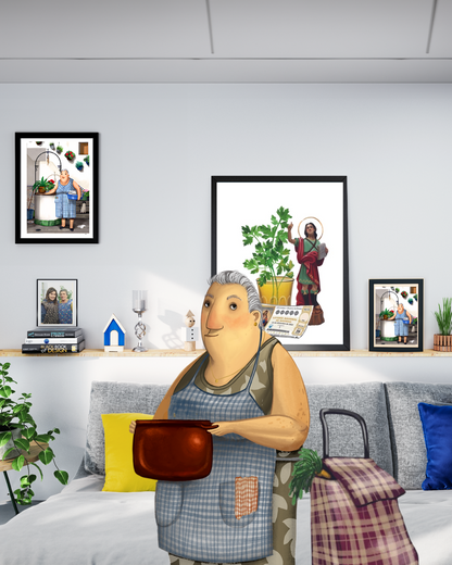 Grandmother coming down from the roof