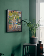 Lámina Mujer con monstera y perro