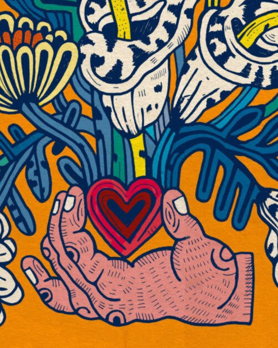 Lámina Mano corazón fondo naranja