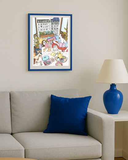 Lámina Chicas leyendo en la cama con gatos