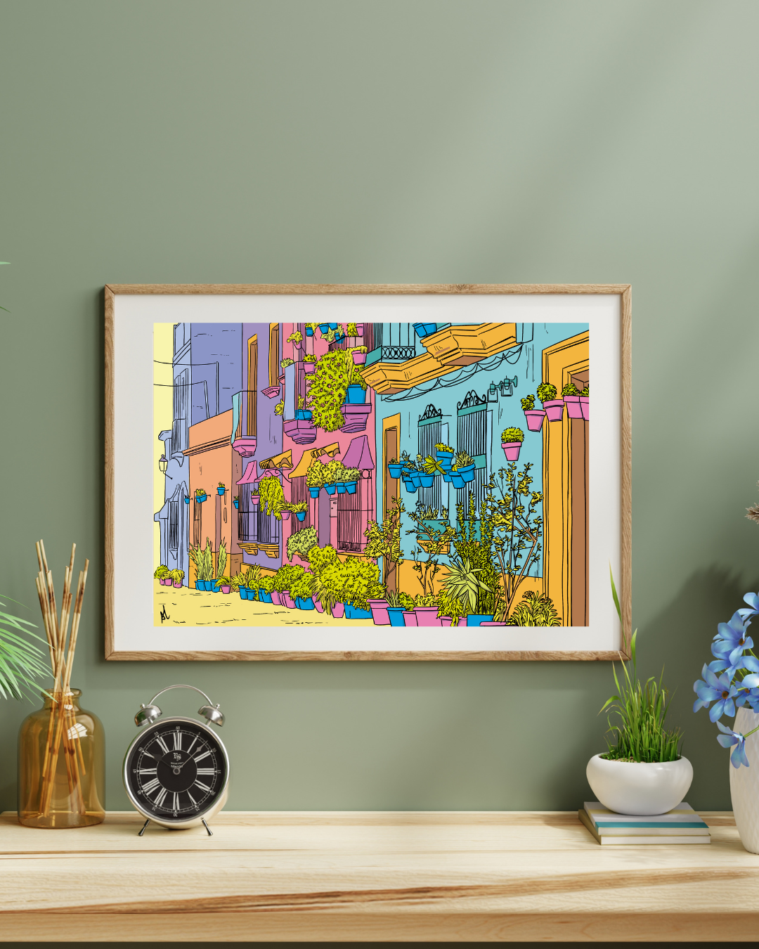 Lámina Barbate y su calle con plantas