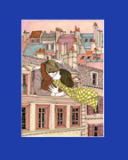 Lámina Pareja beso por la ventana en la ciudad