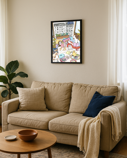 Lámina Chicas leyendo en la cama con gatos