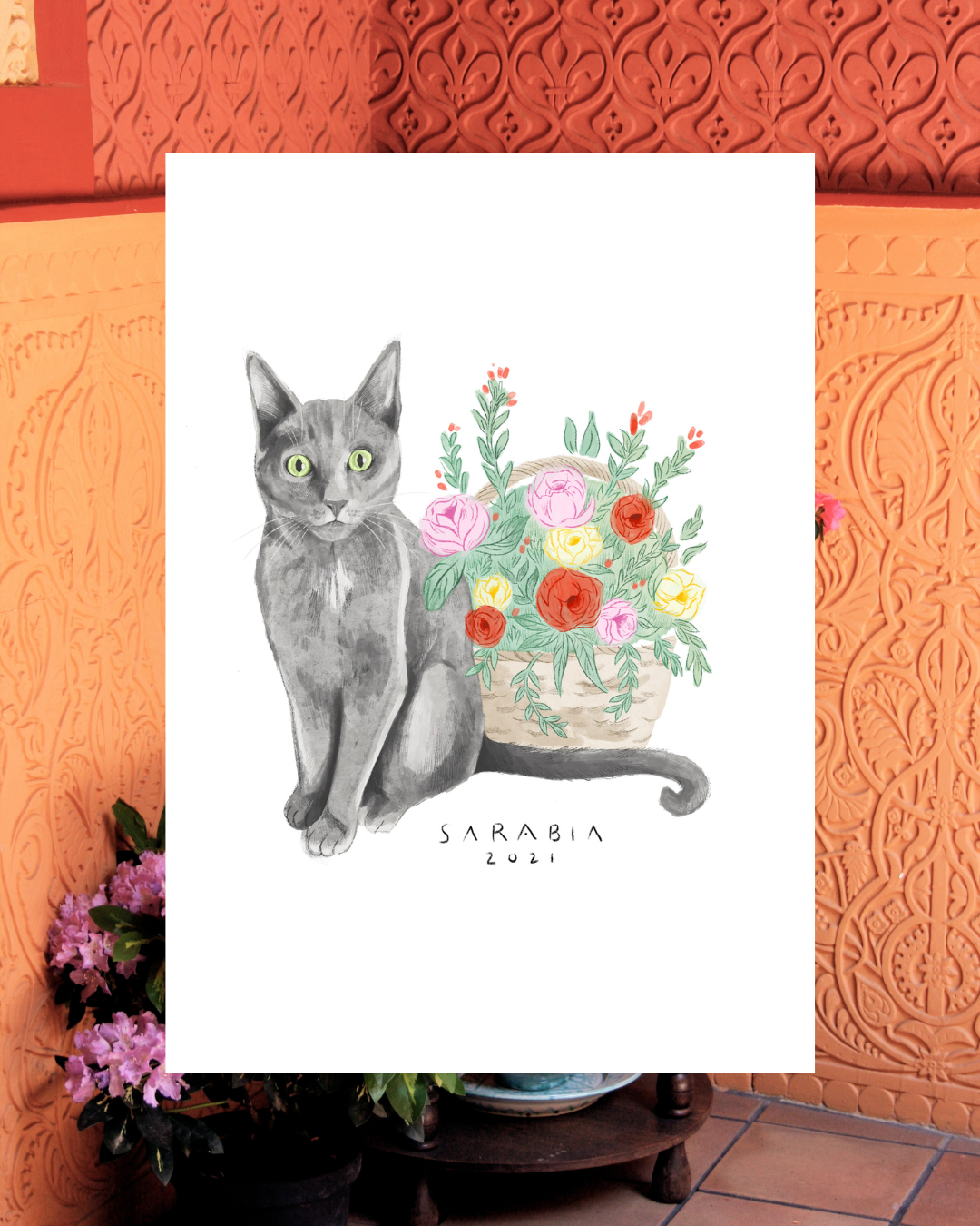 Lámina Gato negro cesta de flores