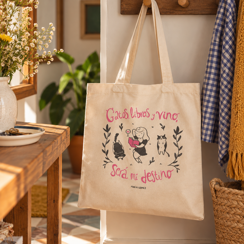 Totebag Gatos, libros y vino, será mi destino de María Gómez