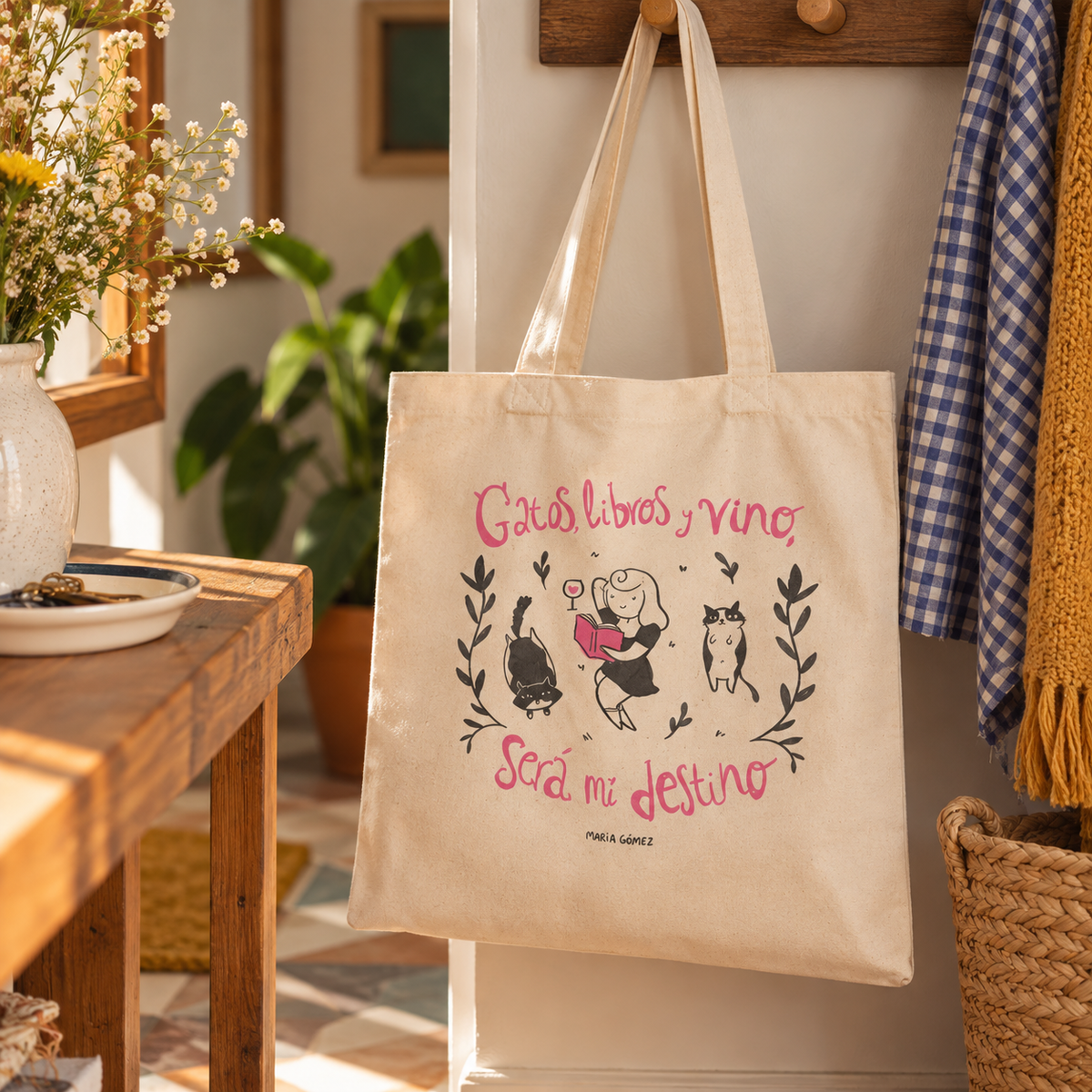 Totebag Gatos, libros y vino, será mi destino de María Gómez