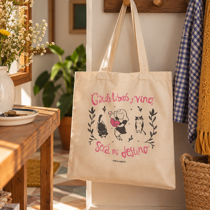 Totebag Gatos, libros y vino, será mi destino de María Gómez