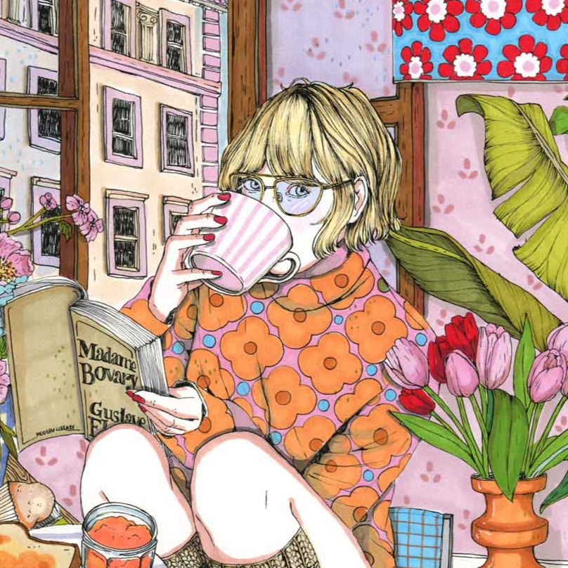 Lámina Tomando café y leyendo en la ventana