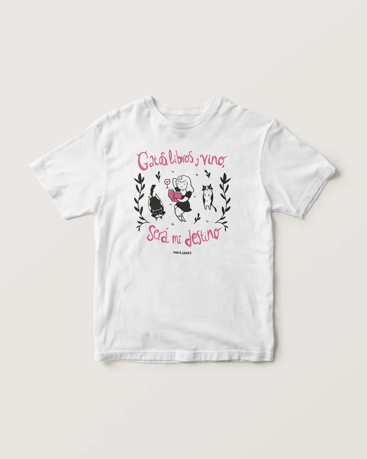 Camiseta Gatos, libros, vino x María Gómez