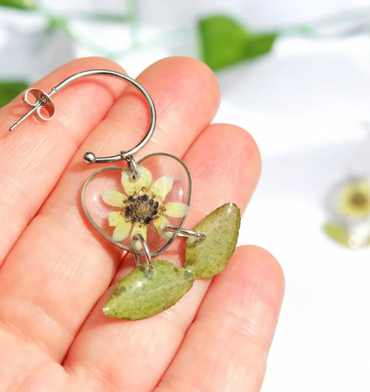 Small sunflower earrings with leaves