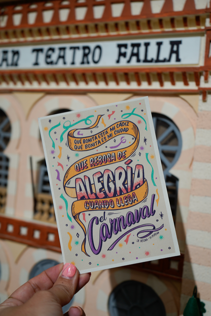 Postal + Chapa PEQUE Qué bonita está mi Cádiz y vivir así en Carnaval