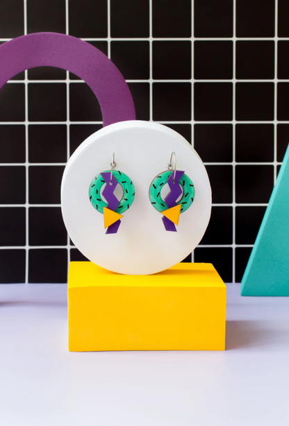 Pendientes aros turquesa y triángulo amarillo