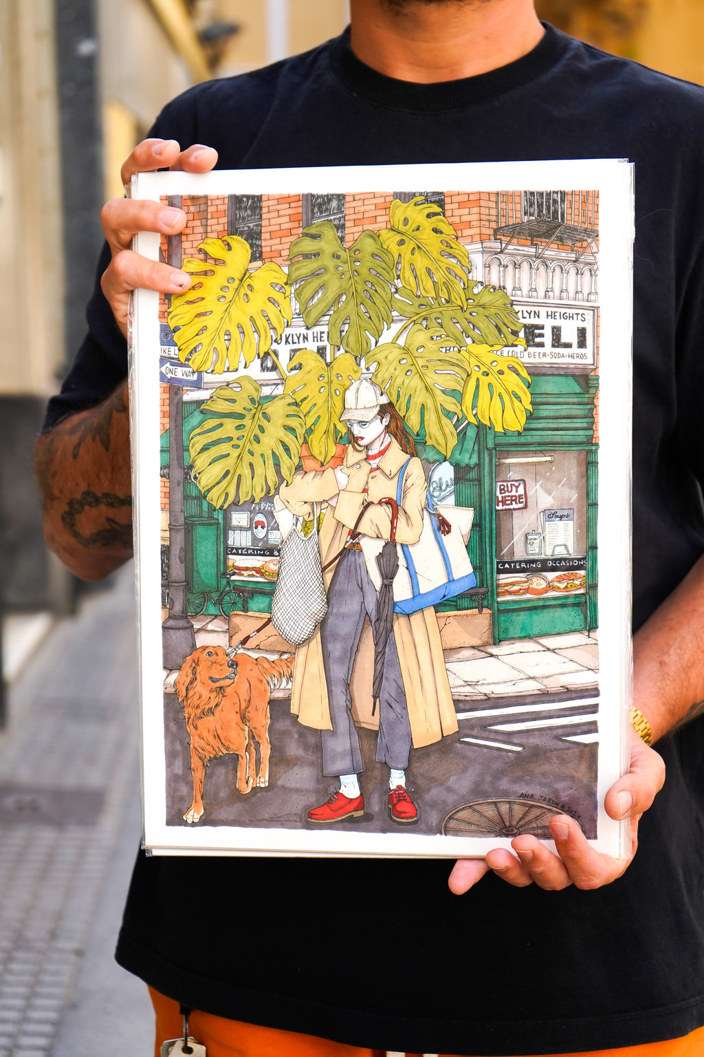 Lámina Mujer con monstera y perro
