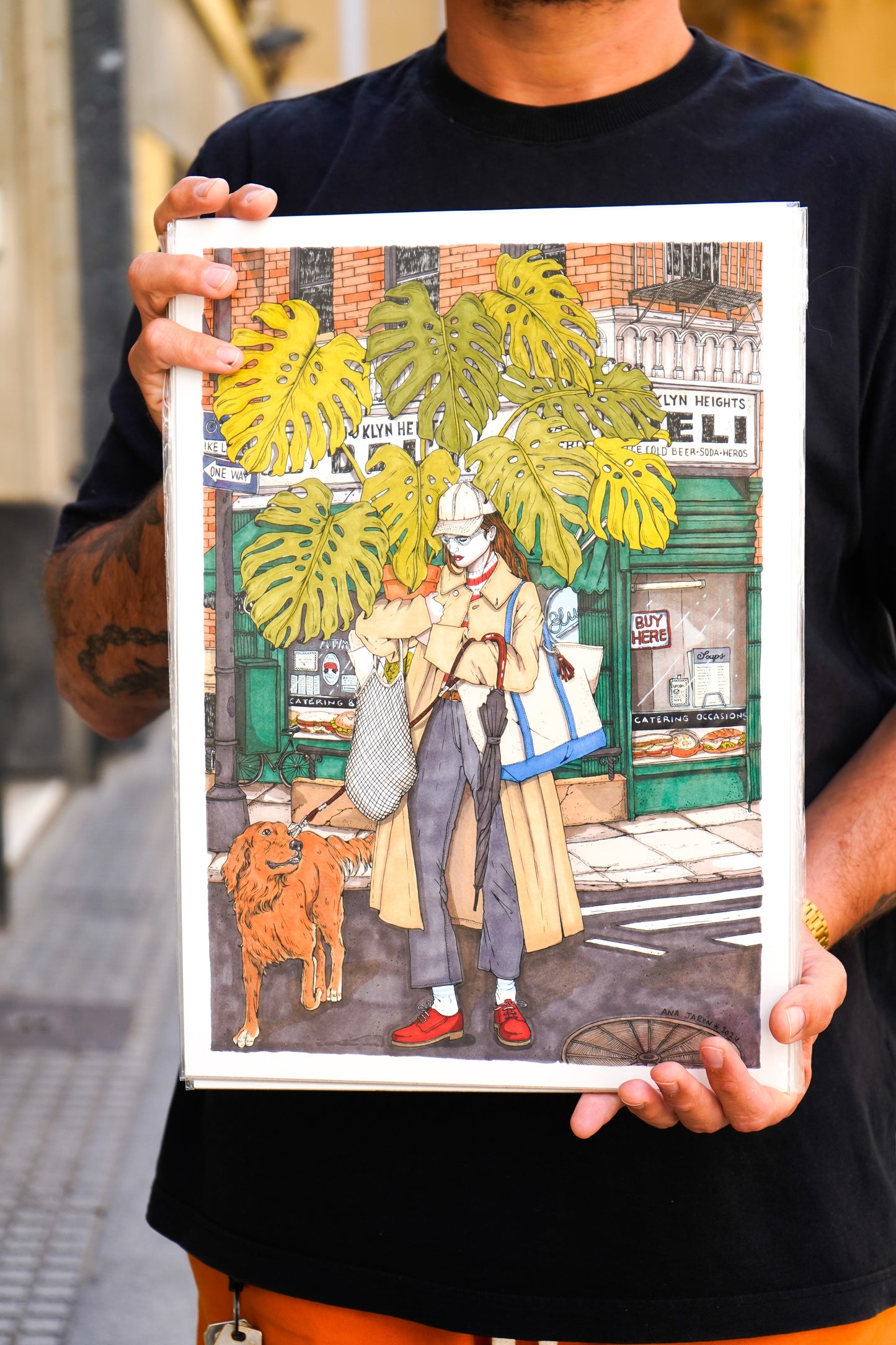 Lámina Mujer con monstera y perro