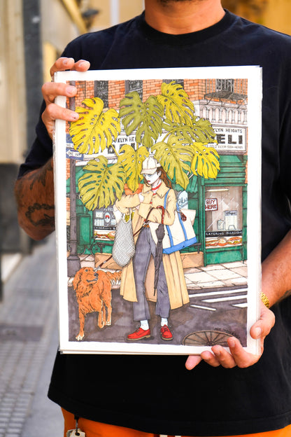 Lámina Mujer con monstera y perro