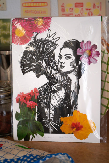 Lámina Lola con Flores - Collage Linóleo