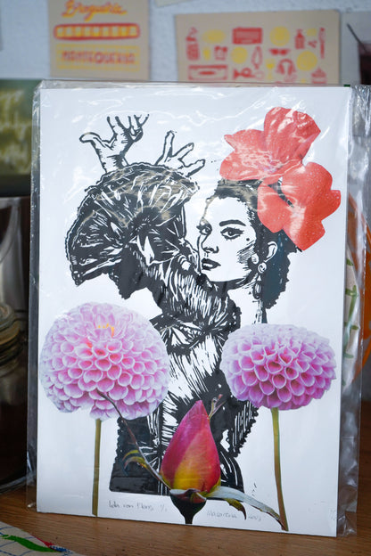 Lámina Lola con Flores - Collage Linóleo
