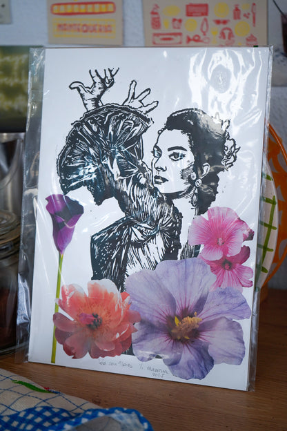 Lámina Lola con Flores - Collage Linóleo