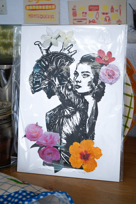 Lámina Lola con Flores - Collage Linóleo