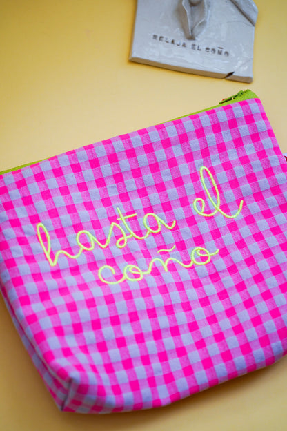 Vichy rosa letra amarilla - Hasta el coño - Neceser flúor