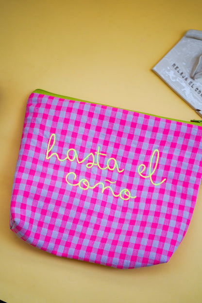 Vichy rosa letra amarilla - Hasta el coño - Neceser flúor