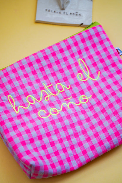 Vichy rosa letra amarilla - Hasta el coño - Neceser flúor