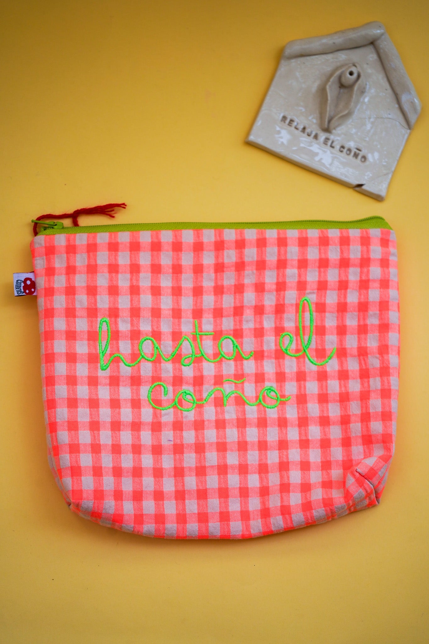 Vichy naranja letra verde - Hasta el coño - Neceser flúor