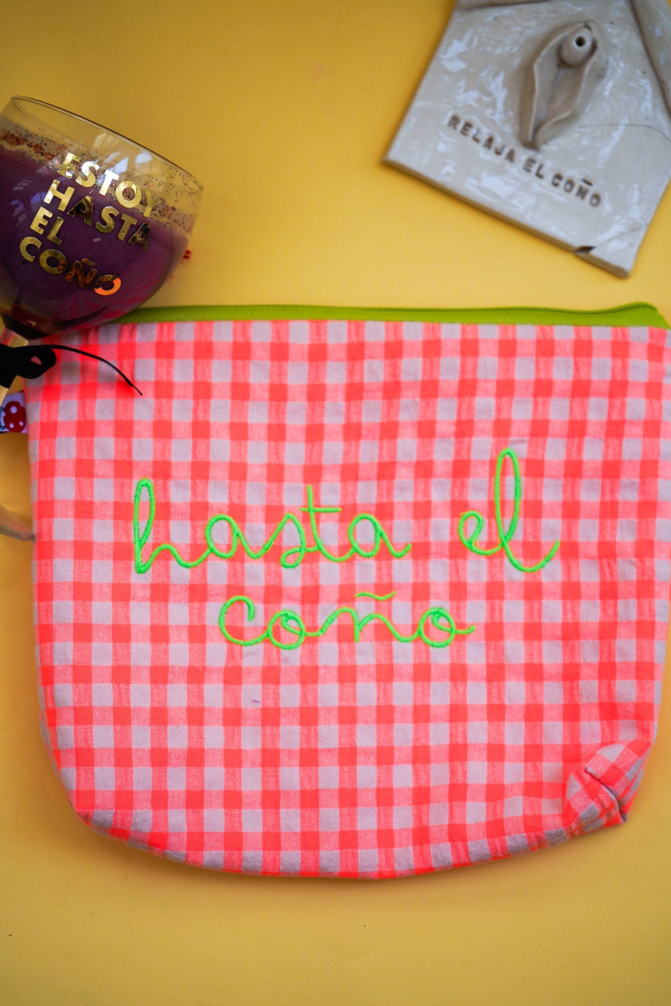 Vichy naranja letra verde - Hasta el coño - Neceser flúor