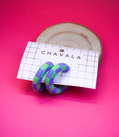 Pendientes #5 azul y verde damero