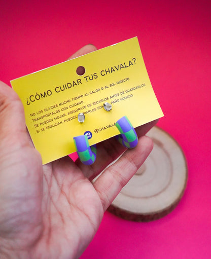 Pendientes #5 azul y verde damero