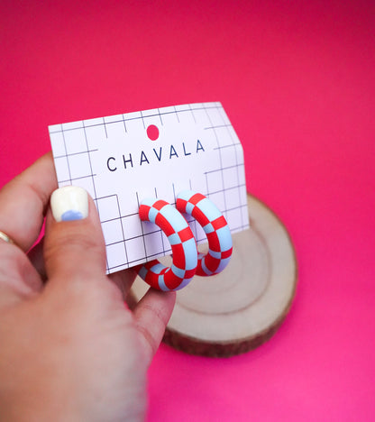 Pendientes #3 azul y rojo damero