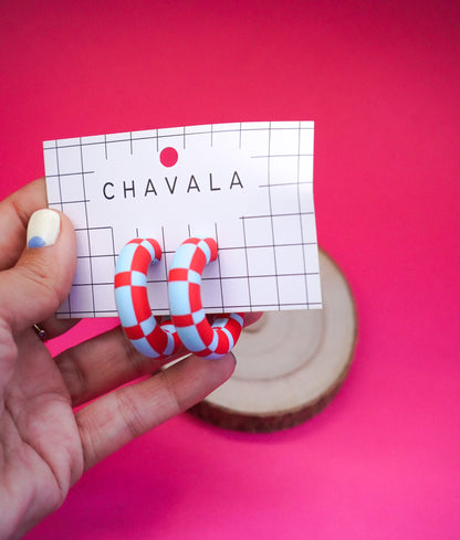 Pendientes #3 azul y rojo damero