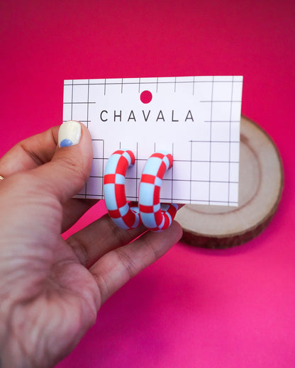 Pendientes #3 azul y rojo damero