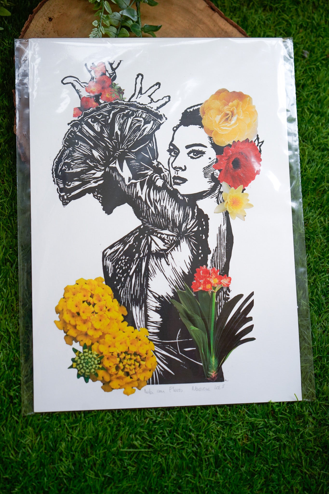 Lámina Lola con Flores - Collage Linóleo