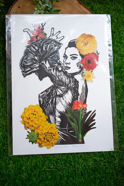 Lámina Lola con Flores - Collage Linóleo