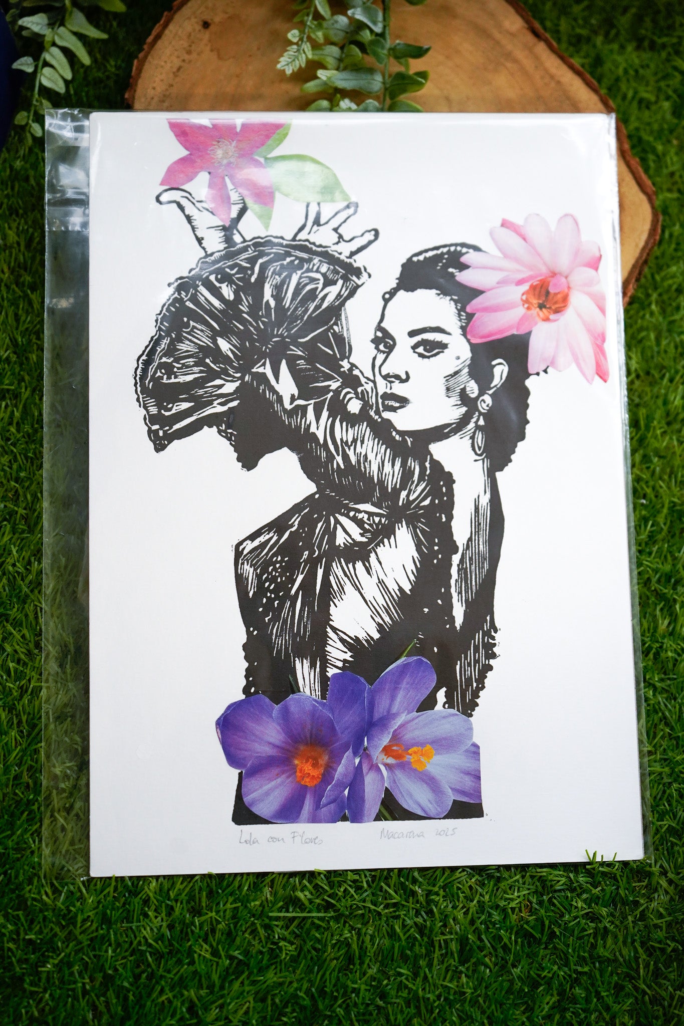 Lámina Lola con Flores - Collage Linóleo