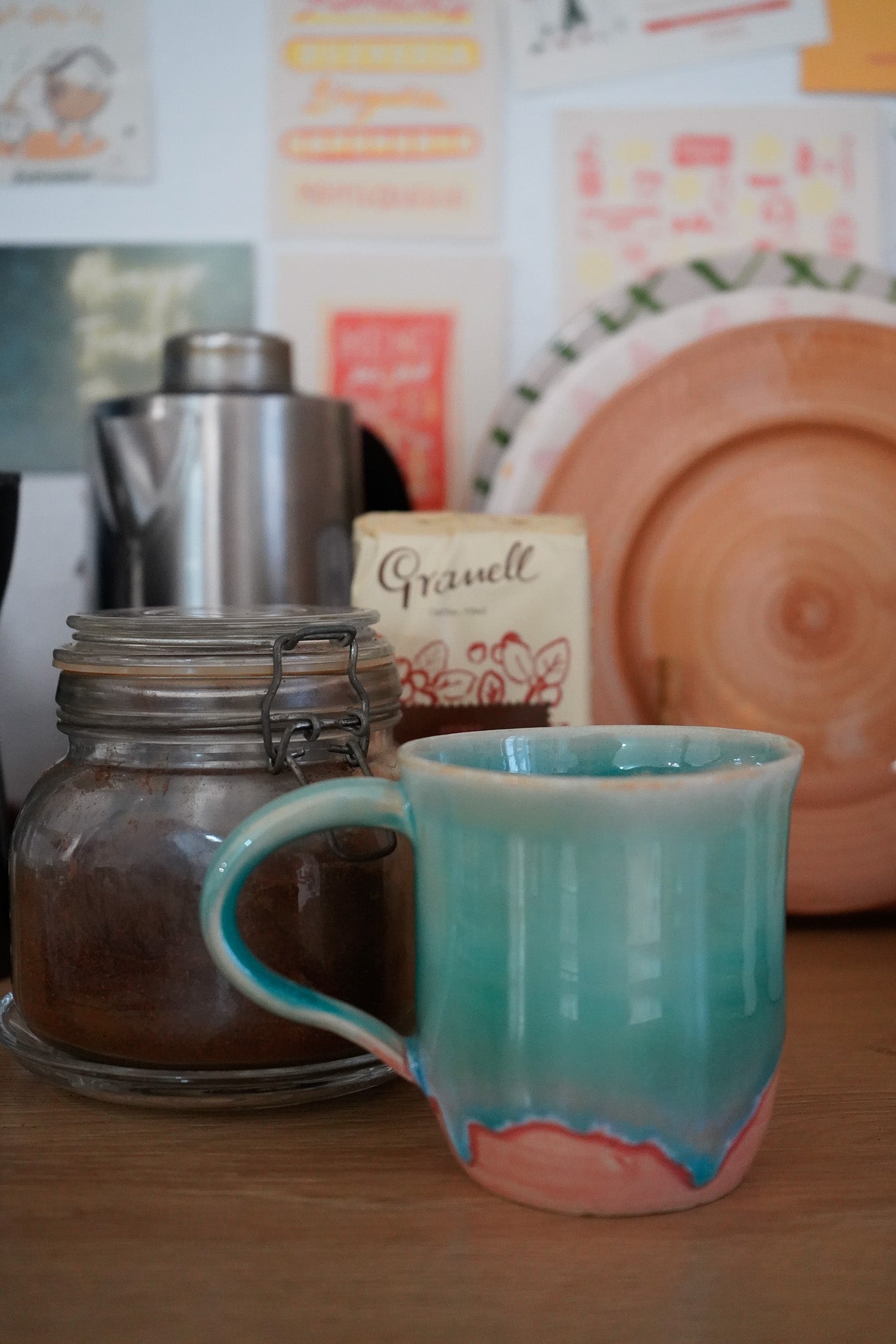 Taza cerámica artesana azul y rosa