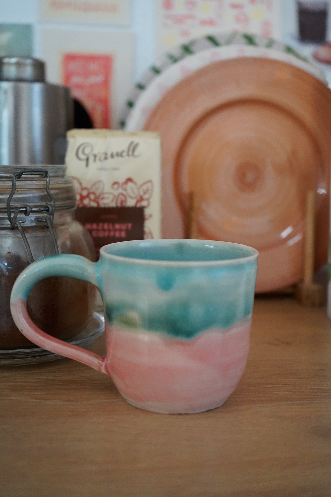 Taza cerámica artesana azul y rosa