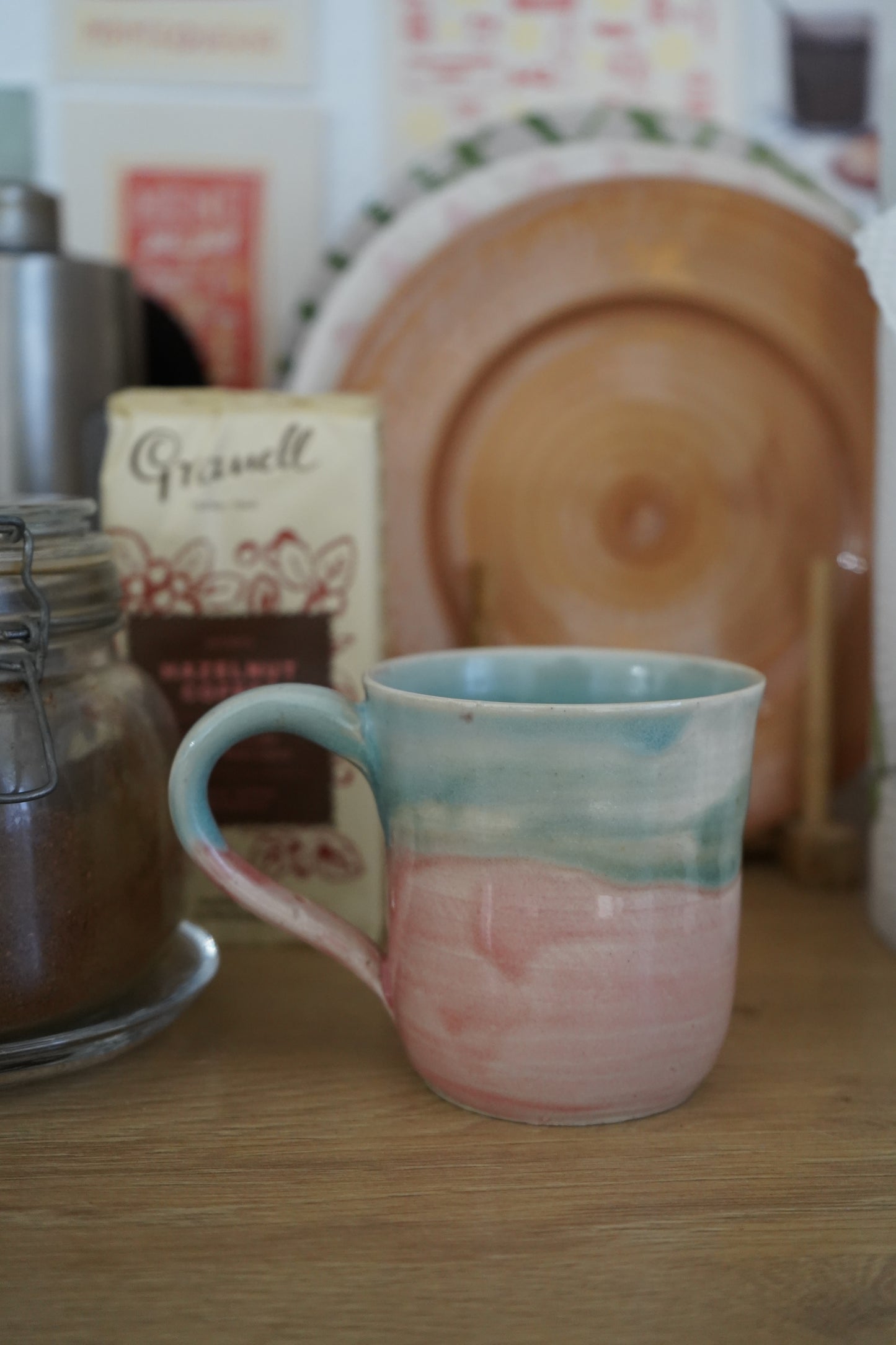 Taza cerámica artesana azul y rosa