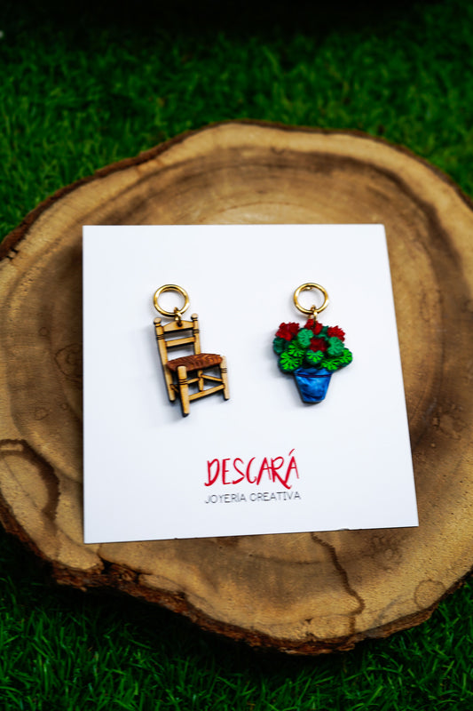 Pendientes PACK silla enea y maceta geranios