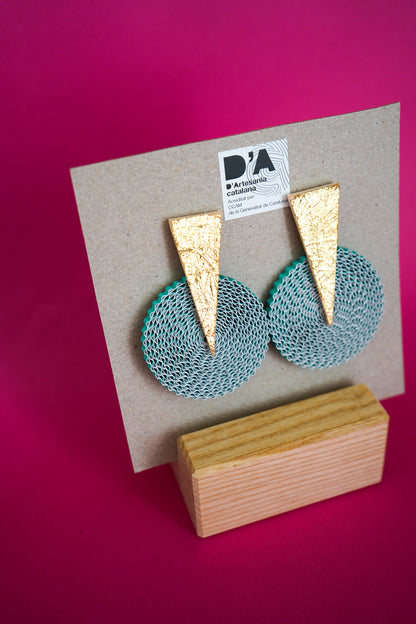 Pendientes de cartón círculo VERDE, triángulo DORADO