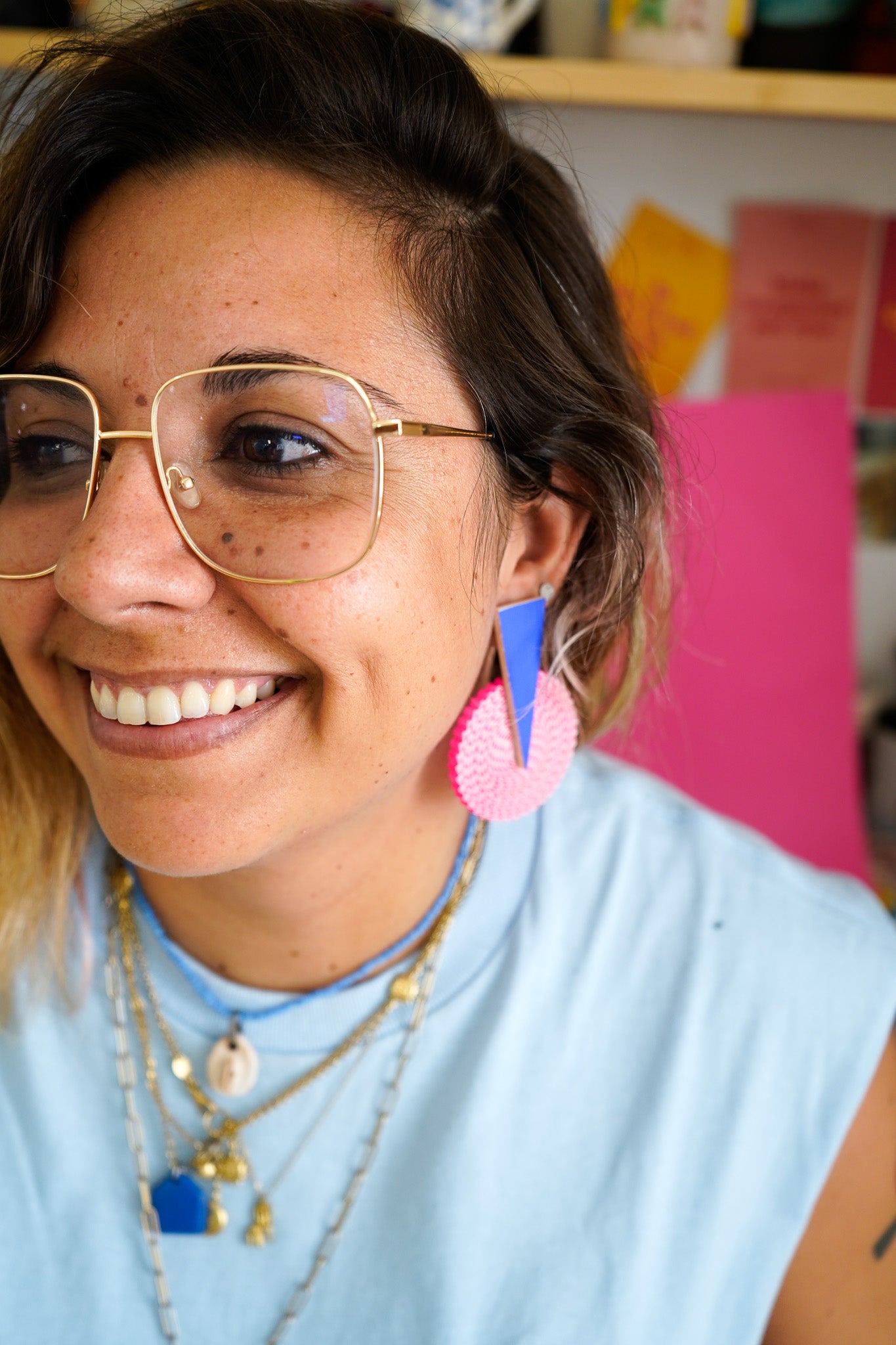 Pendientes de cartón círculo AZUL triángulo ROSA