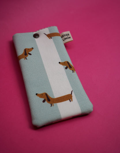 Funda de gafas perro salchicha azul y blanco