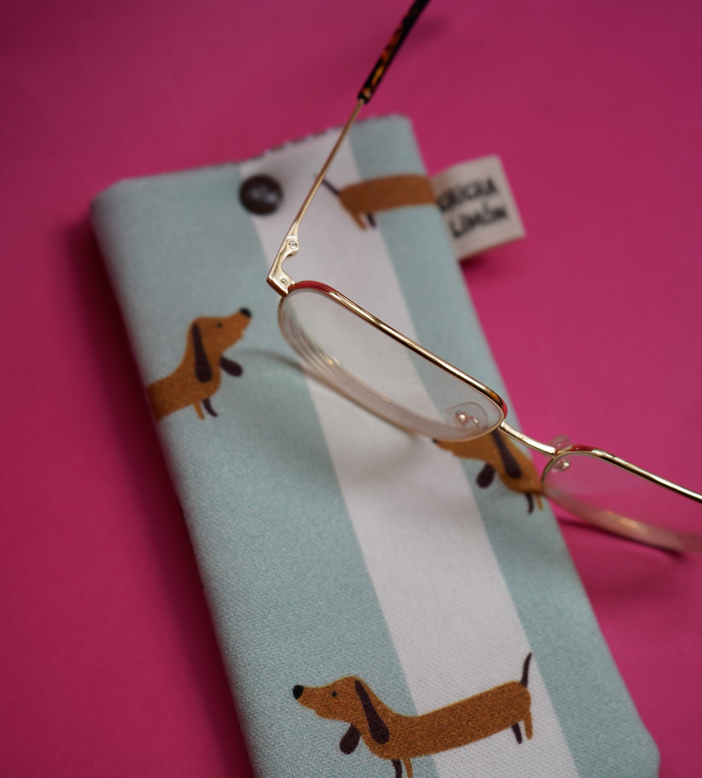 Funda de gafas perro salchicha azul y blanco