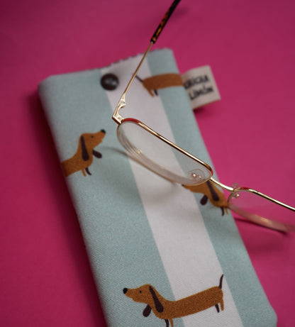 Funda de gafas perro salchicha azul y blanco