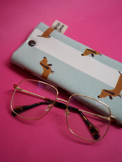 Funda de gafas perro salchicha azul y blanco