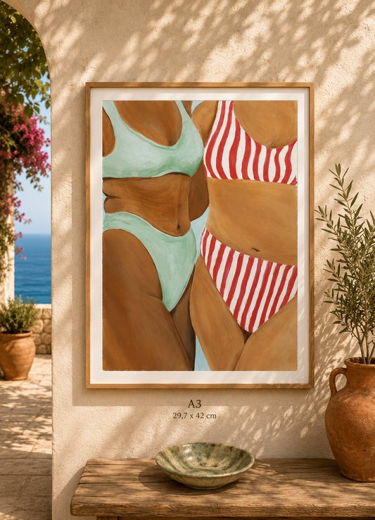 Lámina Chicas en bikini de rayas y celeste
